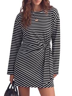 Fisoew Womens Striped T Shirt Dresses Casual Long Sleeve Wrap Waist Loose Active Mini Dress Black Large
