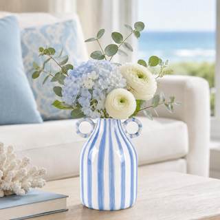 Blue and White Ceramic Vase with Handle, Nordic Boho Small Vases Side Table Flower Centerpiece, Wide Mouth Sin
