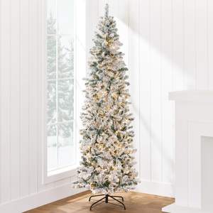 Best Choice Products Flocked Pencil Christmas Tree, Pre-Lit Slim Artificial Holiday Decoration, 7.5ft Lighted 