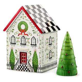 MACKENZIE-CHILDS Illuminated Ceramic House, Holly Village | LED-light indoor Christmas decor, requires 3 AAA b