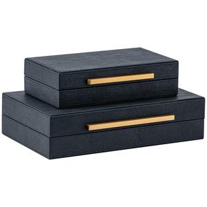 Set of 2 Black Shagreen Storage Boxes with Gold Metal Handles – Faux Leather Jewelry Organizer, Nesting Decora