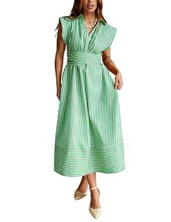 Yeokou Women Striped Shirt Dress Sleeveless Button Down Summer Casual Maxi Dresses Beach Vacation Sundress wit