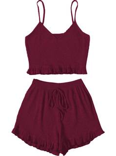 Avanova Women Sexy 2 Piece Pajama Set Ruffle Trim Cami Top and Shorts Sleepwear Set X-Small Burgundy
