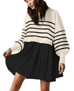 Womens Oversized Sweater Dress Spring Fall Relaxed Sweatshirts Mini Dresses | Pleated Flowy Skirt, Knit Tops, 