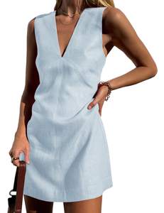 Megfie Womens Summer Cotton Linen V Neck Short Dress Sleeveless Mini Dress Casual A Line Tank Dress Sundress