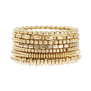 Gold Plated Beaded Bracelets for Women Trendy, 14K Gold Plated Stack Cross Pearl Bead Stretch Bracelets Set El