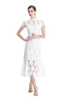 Women Floral Hollow Out Lace Midi Fishtail Dress Beach Office Party Casual Formal Gown Medium White