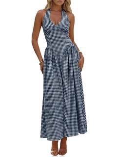 Wenrine Womens Halter V Neck Corset Maxi Dresses Summer Plaid Smocked Dress | Tie Back, Backless, Wedding Gues