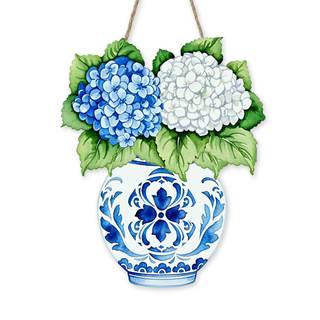 Hydrangea Flower Front Door Sign, Chinoiserie Floral Blue and White | Porcelain Vase Wood Hanger Outdoor Outsi
