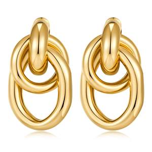 Gold Chunky Earrings for Women Geometric Knot Link Drop Dangle Earrings 14K Gold Plated Statement Earrings Tre