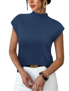 Sampeel Womens Short Sleeve Sweater Mock Neck Summer Top Dressy Casual Basic Knit Pullover Shirt Blue Large
