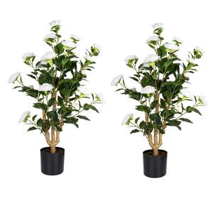 Romantic Season 2Pack Artificial Camellia Tree 3FT, White Faux Camellia Plant Fake Potted Camellia Flower Tree