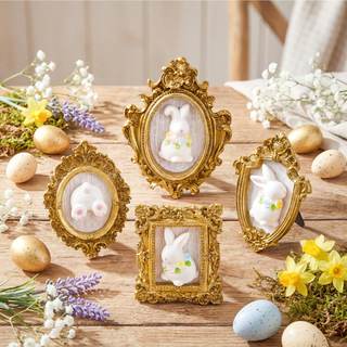 Wesiti 4 Pcs Easter Bunny Decorations 3D Ceramic Bunny Figurine with Vintage Resin Framed Small Easter Figurin