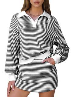 EXLURA Womens Two Piece Sets Cotton Striped Sweatshirt Matching Skirt Skort Tennis Vacation Cruise Outfits Tra