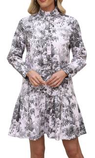 EZAPINE Women Floral Mini Dress Long Sleeve Stand Collar Button Up Elegant Work Swing Short Pleated Dress Smal