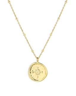 gorjana - Compass Coin Pendant Necklace 3/4 inch - 18k Gold or Silver Plated - Adjustable 17-19 inch Chain - S