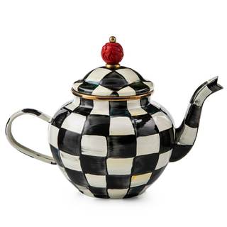 MACKENZIE-CHILDS Enamel Teapot, 4 Cups, Black-and-White Courtly Check | Hand-painted design, small teapot with