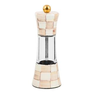 MACKENZIE-CHILDS Enamel Grinder, Brown-and-White Mocha Check | Hand-painted design, refillable manual salt and