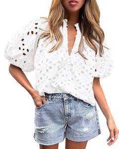 PRETTYGARDEN Womens Tops Boho Eyelet Puff Sleeve Blouse | Hollow Out Embroideried Cotton Shirts, Button Front,