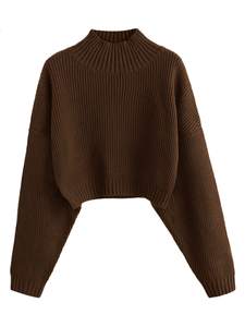 ZAFUL Women's Cropped Turtleneck Sweater Lantern Sleeve Ribbed Knit Pullover Sweater Jumper Medium 1-deep Brow