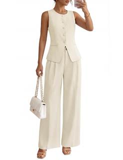 ZESICA Women's Summer 2 Piece Suits Sets Work Office Outfits | Sleeveless Crewneck Blazer Vest, Wide Leg Pants