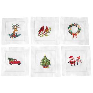 HCRAFT Embroidered White Cocktail Napkins, Set of 6 Cloth Napkin Coasters for Christmas Parties, Ladder Hemsti