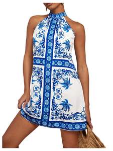 Floerns Women's Sleeveless Floral Print Sundress Halter Neck A Line Short Dress Medium Blue and White