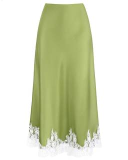 VividMosaic Lace Trim Satin Midi Skirt High Waisted Long Skirt for Women | Hidden Elastic Waistband, Lace Patc