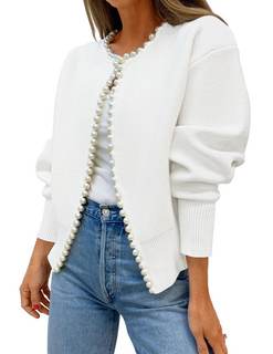 ZESICA Women's Pearls Trim Open Front Cardigan Sweater | 2026 Fall Fashion Casual Knitted Long Sleeve Outerwea