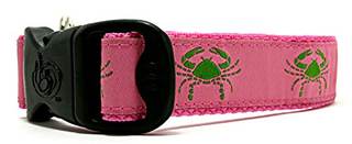 Preppy Summer Nautical Crab Dog Collars, Pink + Green, 1", Medium | 3 Dirty Dawgz, Beach Themed, Coastal Desig