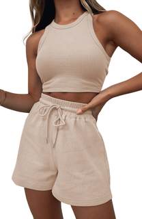 Lingswallow 2 Piece Women Lounge Sets - Sleeveless Crop Top and Shorts Waffle Lounge Set Tracksuits Sweatsuits
