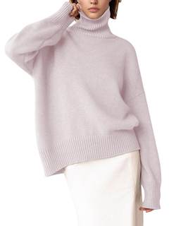 YKR Women's Turtleneck Sweater Chunky Long Sleeve Knitted Pullover High Low Hem Sweater Jumper Top Lightpink X