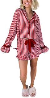 Thopavenoir Women 2 Piece Stripe Pajamas Sets Bow Tie Lounge Set Button Down Long Sleeve Tee + Ruffle Shorts S