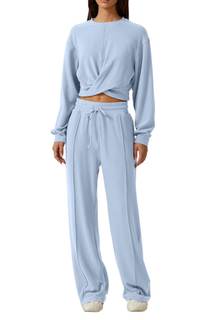 QINSEN Women 2 Piece Outfits Sweatsuit Set Twist Front Cropped Sweatshirt Wide Leg Sweatpant Lounge Set Tracks