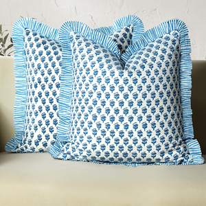 CPC Block Print Ruffle Throw Cover Apatite Blue 18"x18" Inch Pack of 2-100% Cotton…