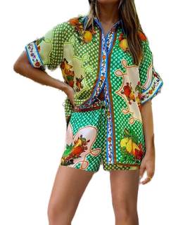 NUFIWI Vintage Graffiti 2 Pieces Shorts Sets for Women Floral Fruit Print Short Sleeve Shirt and Casual Shorts