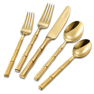 Flatware Set Gold Silverware Set with Bamboo Pattern Mirror Polished 20 Pieces Cutlery Set Housewarming Weddin