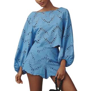 REASERAL Womens 2 Piece Outfits Casual Eyelet Lantern Sleeve Boat Neck Top High Waist Shorts Going Out Summer 