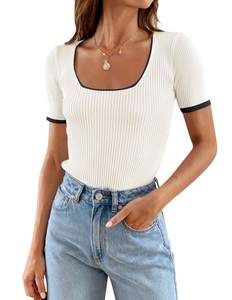 ZESICA Womens Summer Short Sleeve Square Neck Business Tops | Slim Fit Basic Shirt, Ribbed Knit, 2026 Elegant 