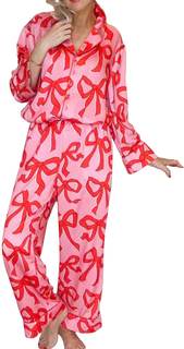 LILTWIST Valentines Silk Pajamas for Women Cute Satin Bow Heart Print Pjs 2 Piece Long Sleeve Shirt Matching L