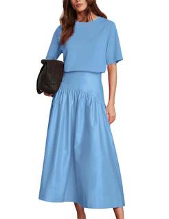 Bozanly Summer Two Piece Outfits Skirts Set for Women Crewneck Short Sleeve Tee and Midi Skirt Sets Dresses Bl