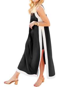 Hooever Women's 2 Piece Sets Boho Color Block Sleeveless Maxi Dress Matching Shorts with Pockets Black Small