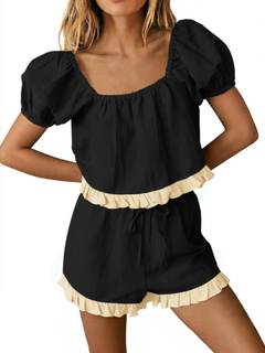Tankaneo Womens Summer Short Sets Cute Puff Sleeve Square Neck 2 Piece Sets | Square Neck Babydoll Tops, Cotto