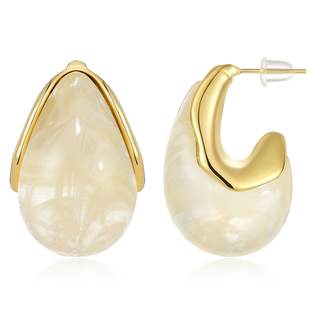 KissYan Acrylic Drop Earrings for Women, Chunky Resin Hoop | 14K Gold Plated Lightweight Hollow Open Drop Hoop