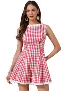 Allegra K Sleeveless Gingham Romper for Women's Checks Lace Trim Smocked Waist Short Jumpsuits X-Small Red