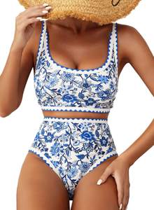 Herseas Womens Bikini Whip Stitch Floral Swimsuit High Waisted Bathing Suit | Scoop neck,full coverage,adjusta