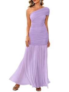 LAGSHIAN Womens Formal One Shoulder Sleeveless Evening Long Dress | Elegant Bodycon Mesh Ruched Cocktail Party