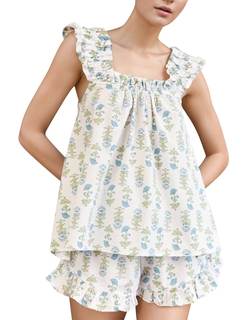Kissonic Womens Ruffle Pajama Set Floral Cotton Pjs for Summer | Sleeveless, 2 Piece Lounge Set, Cami Top and 