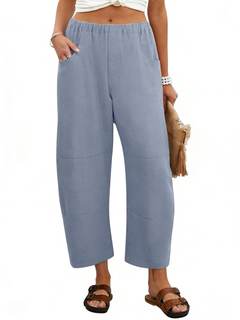Lviefent Womens Wide Leg Barrel Pants Casual Elastic Waist Linen Cropped Harem Pants Trouser with Pockets Smal