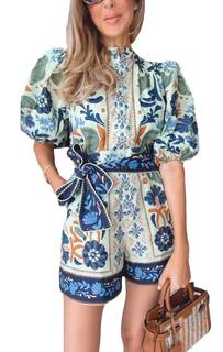 Wuitrie Boho Shorts Jumpsuit for Women Floral Print Puff Short Sleeve Romper with Pockets Summer Jumpsuits for
